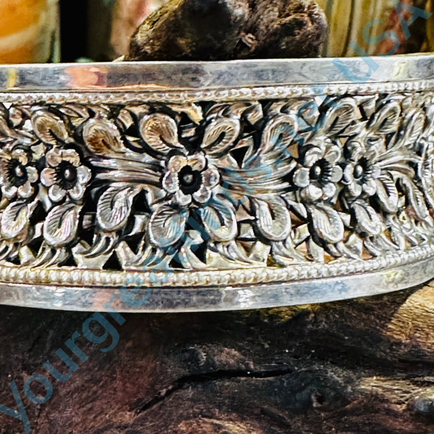 Sterling Silver Wide Floral Cuff Bracelet