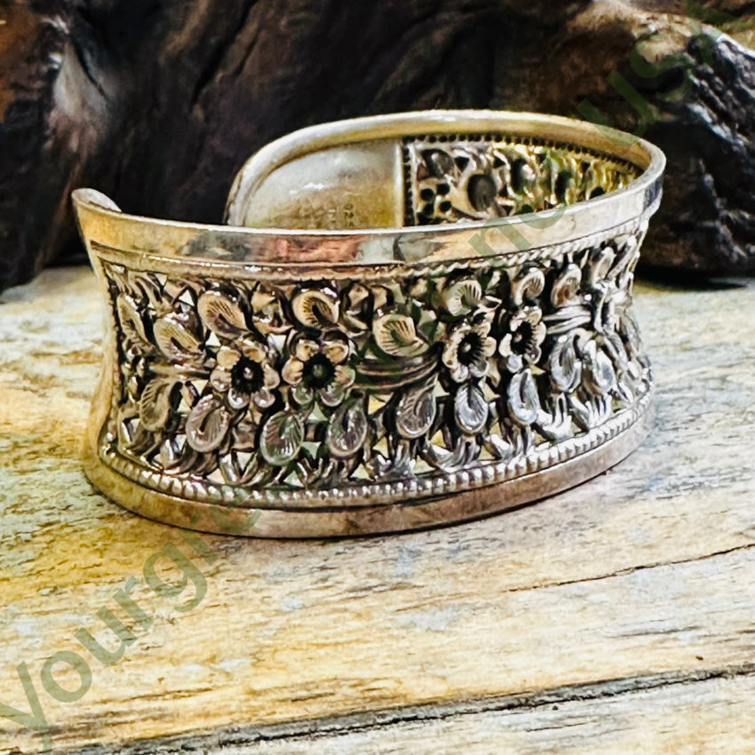 Sterling Silver Wide Floral Cuff Bracelet