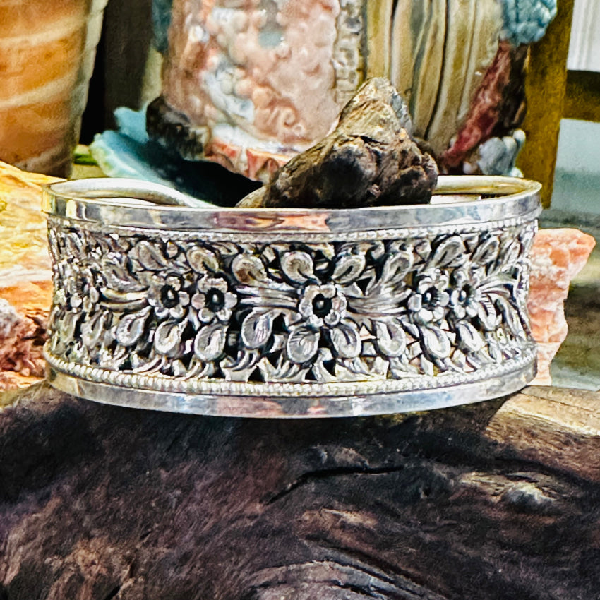Sterling Silver Wide Floral Cuff Bracelet