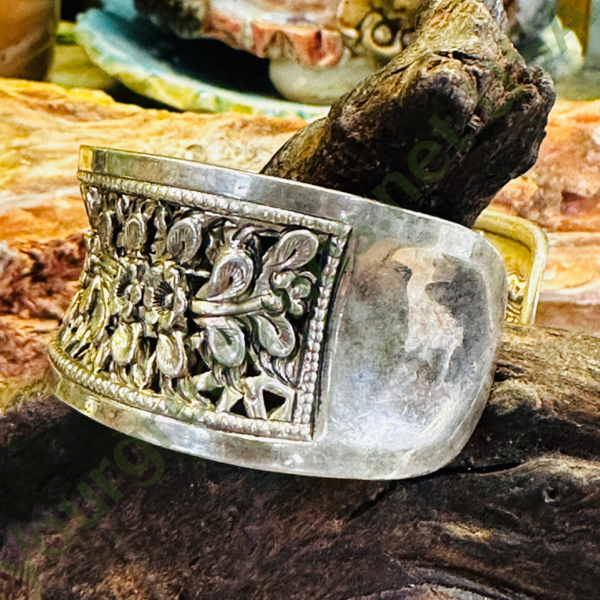Sterling Silver Wide Floral Cuff Bracelet