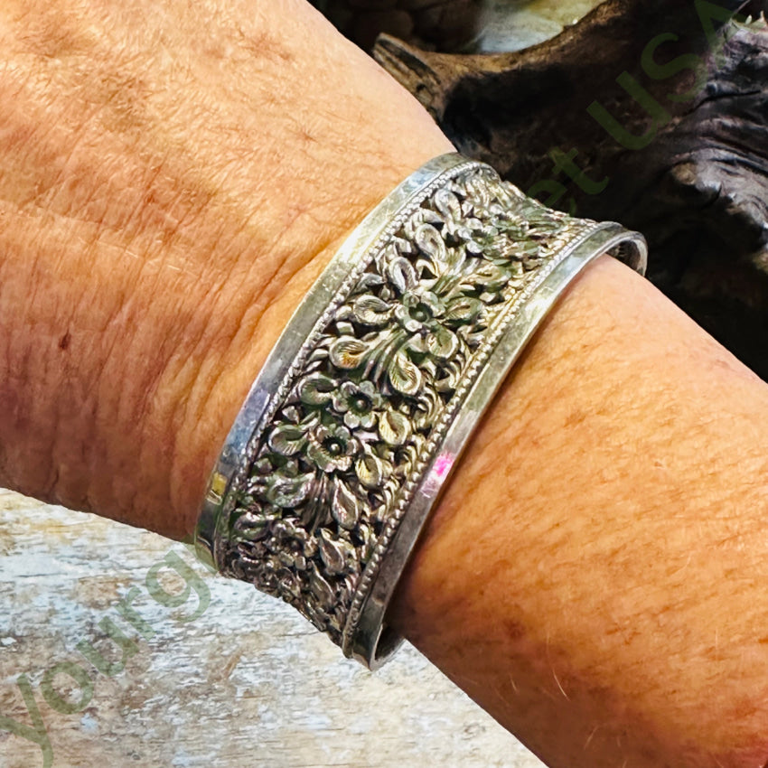 Sterling Silver Wide Floral Cuff Bracelet