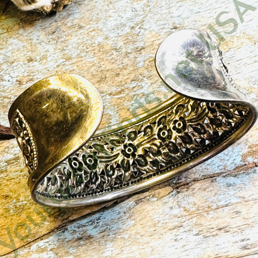 Sterling Silver Wide Floral Cuff Bracelet