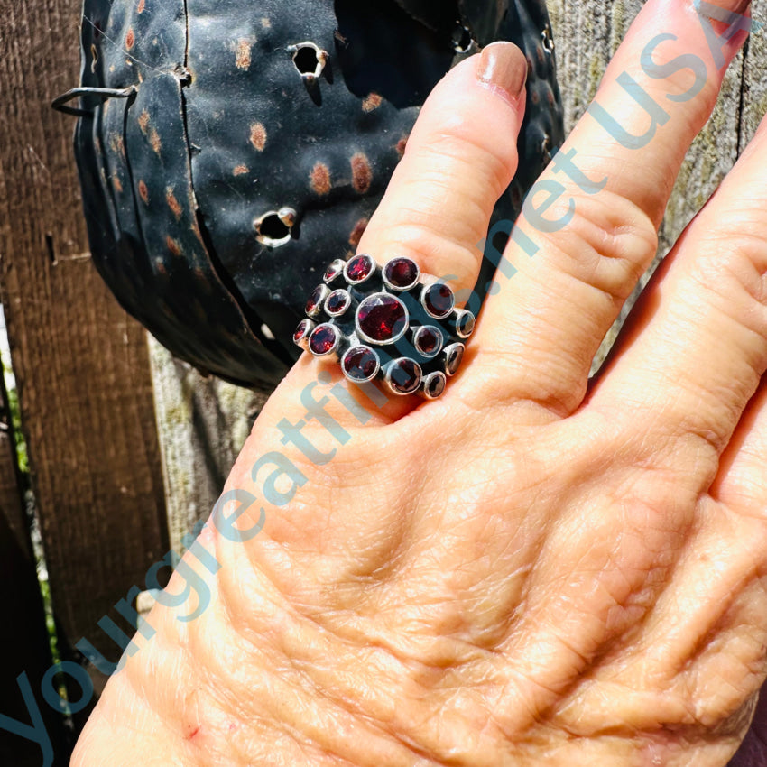 Sterling Silver Wide Ring Red Garnets Size 6 Ring