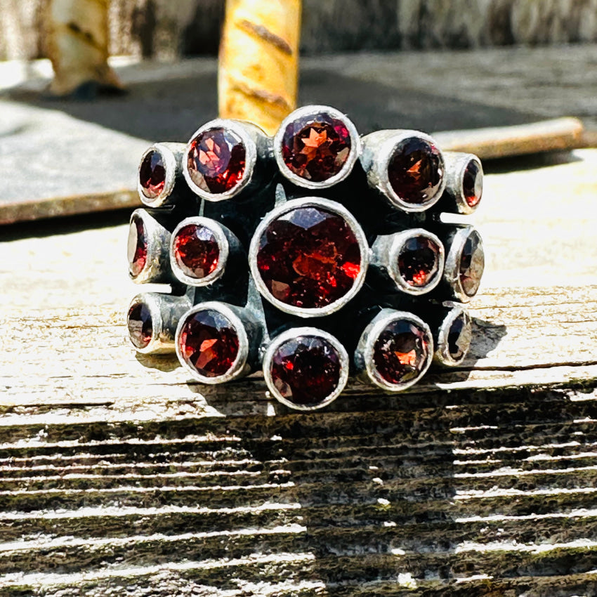 Sterling Silver Wide Ring Red Garnets Size 6 Ring