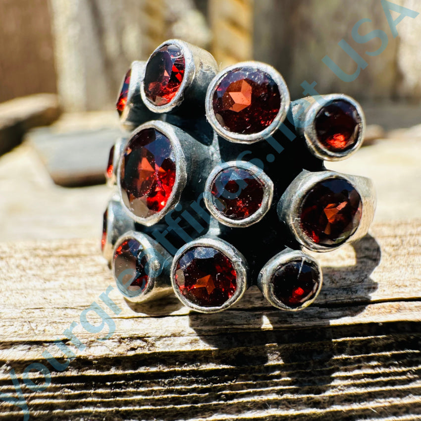 Sterling Silver Wide Ring Red Garnets Size 6 Ring