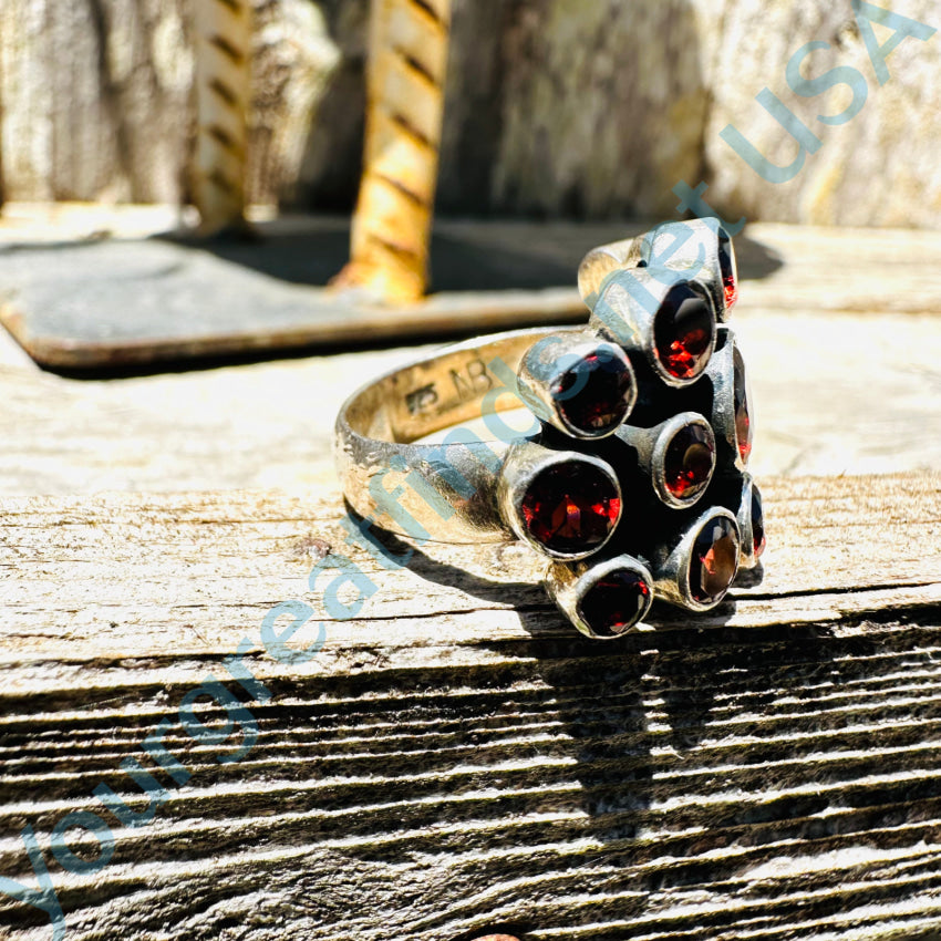 Sterling Silver Wide Ring Red Garnets Size 6 Ring