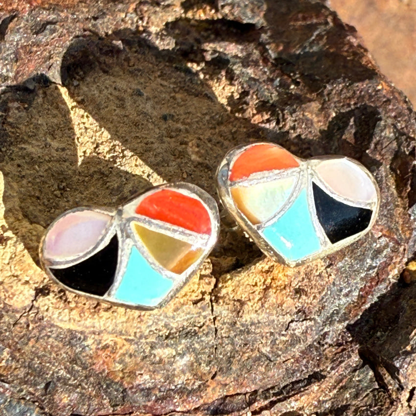 Sterling Silver Zuni Fish Scale Inlay Heart Stud Earrings earrings