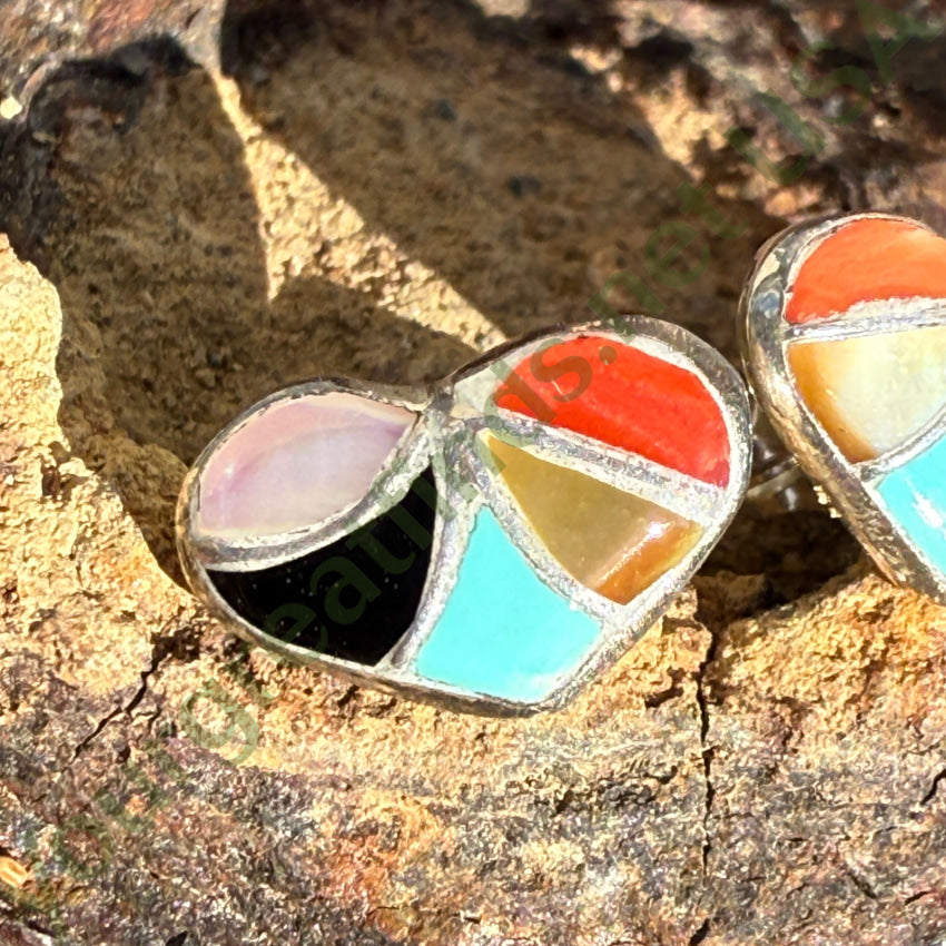 Sterling Silver Zuni Fish Scale Inlay Heart Stud Earrings earrings
