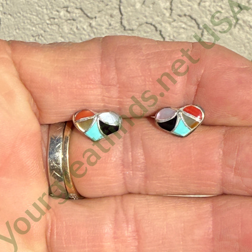 Sterling Silver Zuni Fish Scale Inlay Heart Stud Earrings earrings