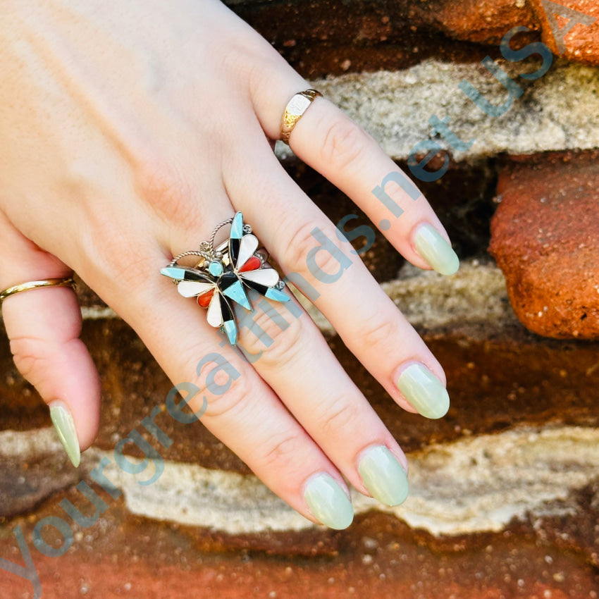 Sterling Silver Zuni Inlay Turquoise Butterfly Ring Size 7 Ring