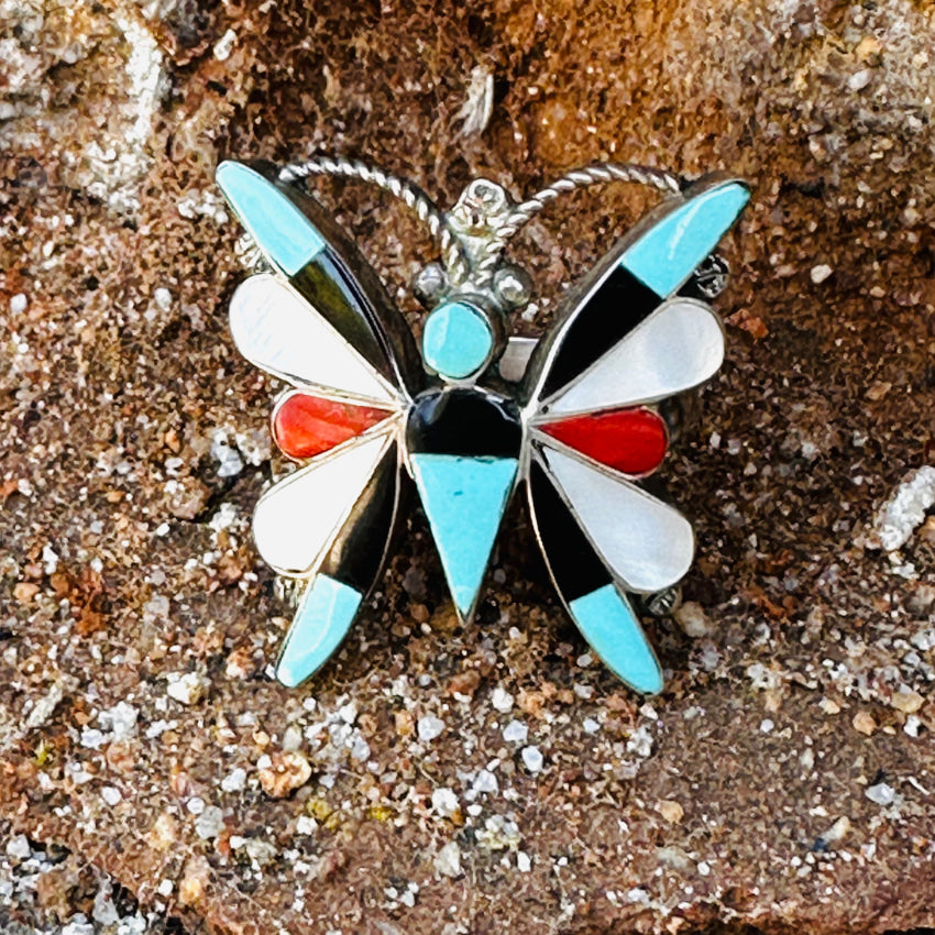 Sterling Silver Zuni Inlay Turquoise Butterfly Ring Size 7 Ring