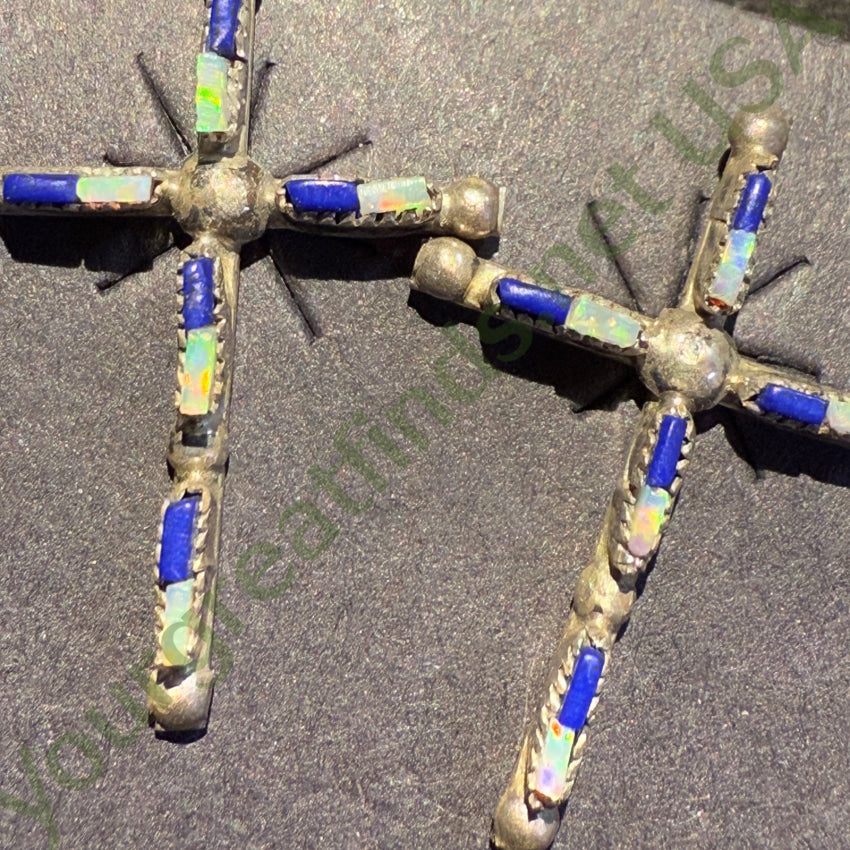 Sterling Silver Zuni Lapis & Opal Needlepoint Turquoise Cross Pierced Post Earrings Earrings