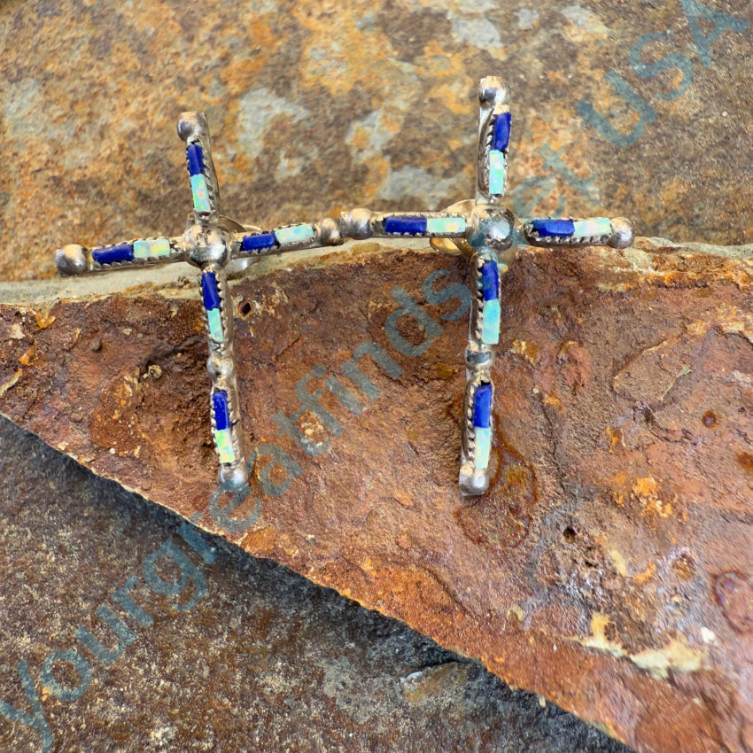 Sterling Silver Zuni Lapis & Opal Needlepoint Turquoise Cross Pierced Post Earrings Earrings