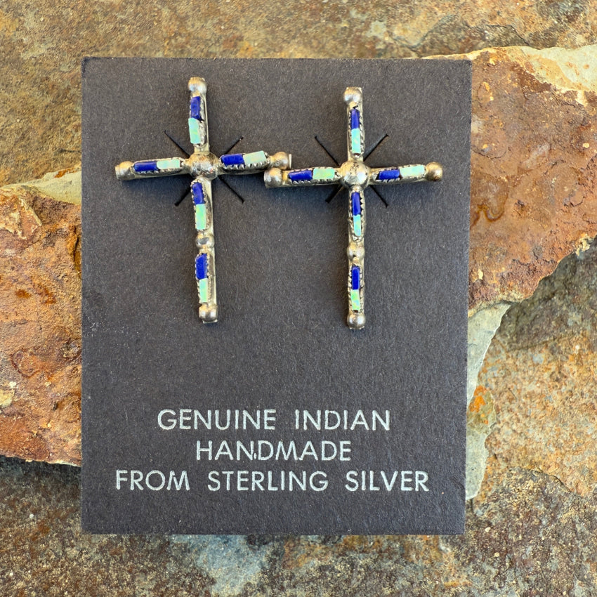 Sterling Silver Zuni Lapis & Opal Needlepoint Turquoise Cross Pierced Post Earrings Earrings