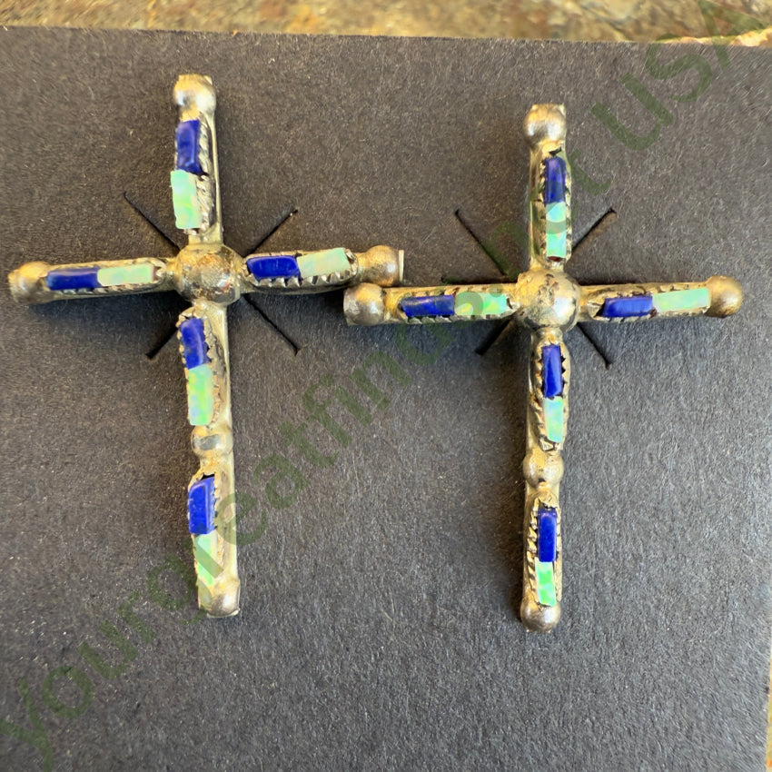 Sterling Silver Zuni Lapis & Opal Needlepoint Turquoise Cross Pierced Post Earrings Earrings