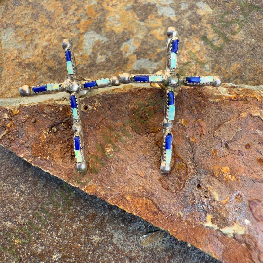 Sterling Silver Zuni Lapis & Opal Needlepoint Turquoise Cross Pierced Post Earrings Earrings
