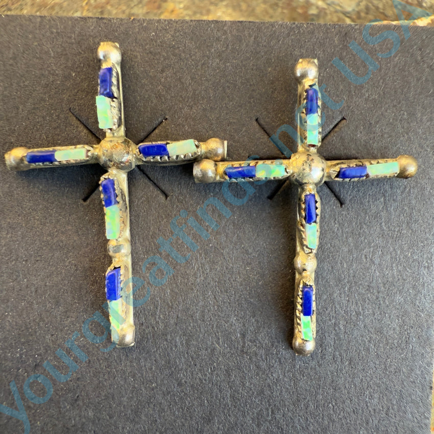 Sterling Silver Zuni Lapis & Opal Needlepoint Turquoise Cross Pierced Post Earrings Earrings