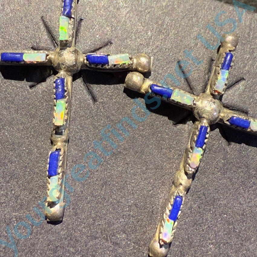 Sterling Silver Zuni Lapis & Opal Needlepoint Turquoise Cross Pierced Post Earrings Earrings