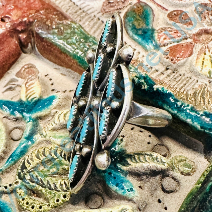 Sterling Silver Zuni Long Ring Needlepoint Turquoise Size 6