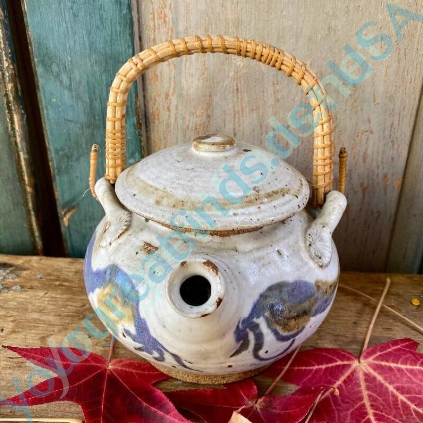 Studio Stoneware Teapot with Blue and white Glaze Signed 1970s Yourgreatfinds