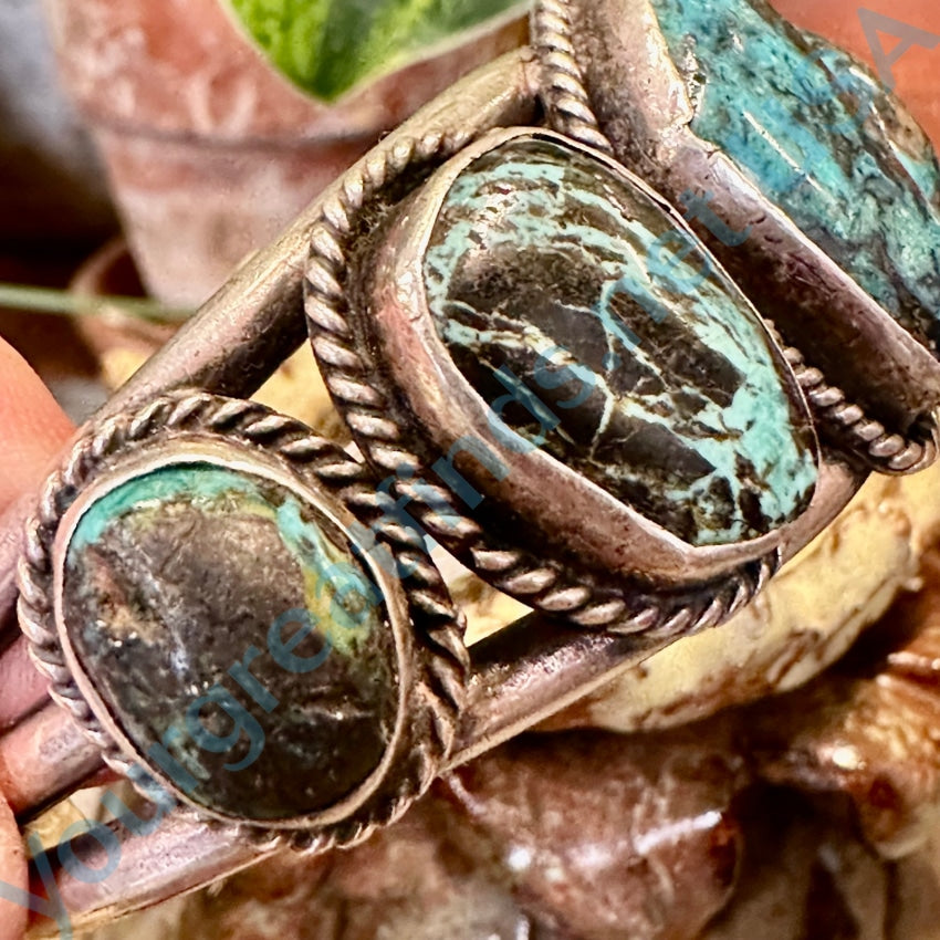 Stunning Navajo Row Bracelet Bisbee &amp; Carlin Mine Turquoise Sterling