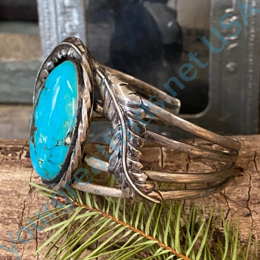 Three Feather Turquoise Sterling Silver Cuff Bracelet