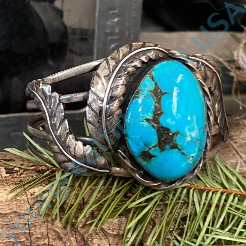 Three Feather Turquoise Sterling Silver Cuff Bracelet