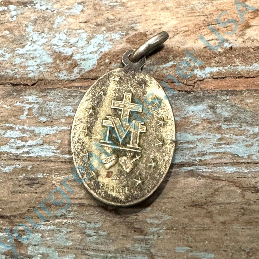 Time Worn French Vintage Brass Miraculous Mary Pendant