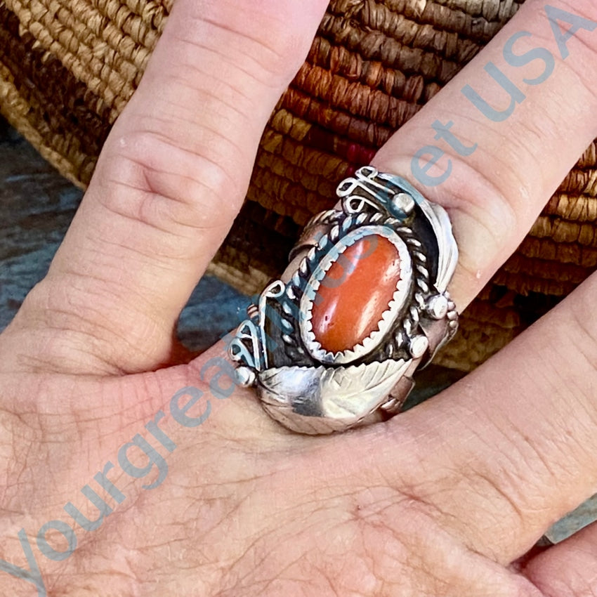 Time Worn Navajo One Feather Red Coral Ring Size 6.5