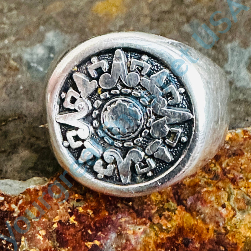 Time Worn Smooth Mexican Aztec Calendar Signet Ring Sterling Size 7.75