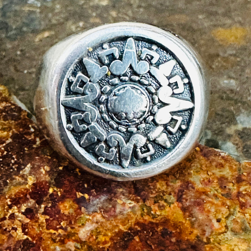 Time Worn Smooth Mexican Aztec Calendar Signet Ring Sterling Size 7.75