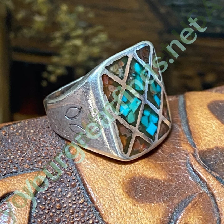 Time Worn Southwest 925 Silver Ring Turquoise Chip Mosaic 9.5 Yourgreatfinds