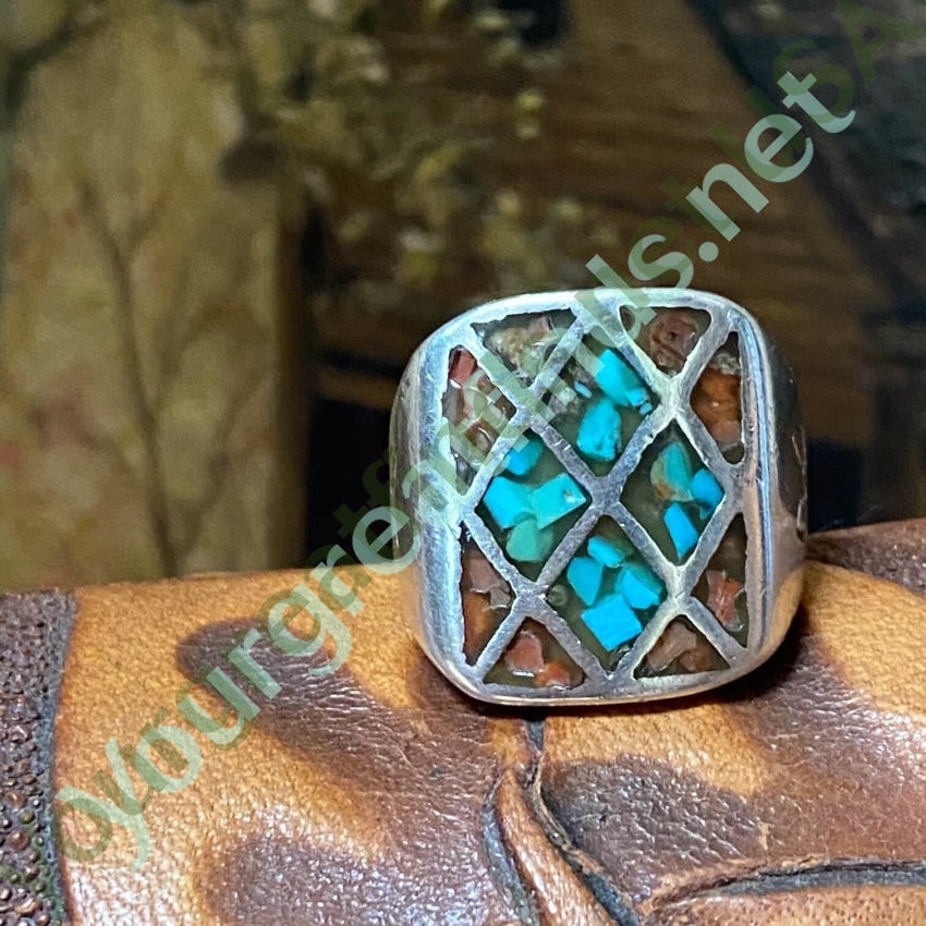 Time Worn Southwest 925 Silver Ring Turquoise Chip Mosaic 9.5 Yourgreatfinds