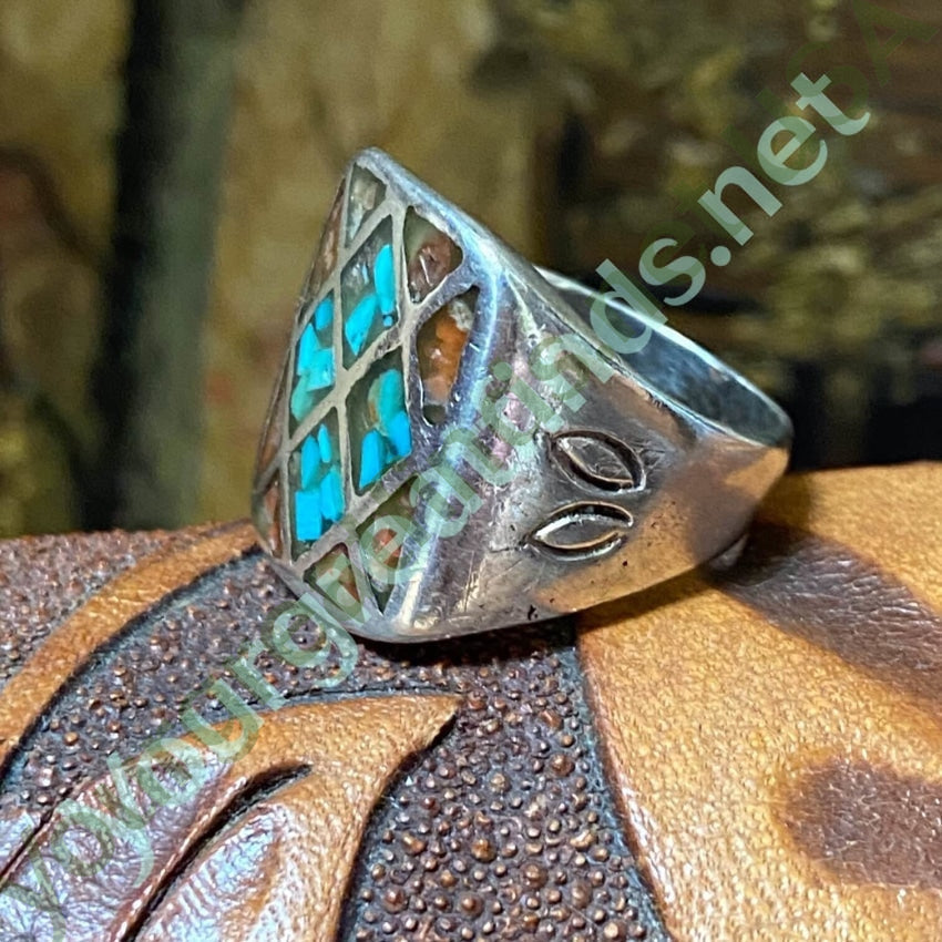 Time Worn Southwest 925 Silver Ring Turquoise Chip Mosaic 9.5 Yourgreatfinds