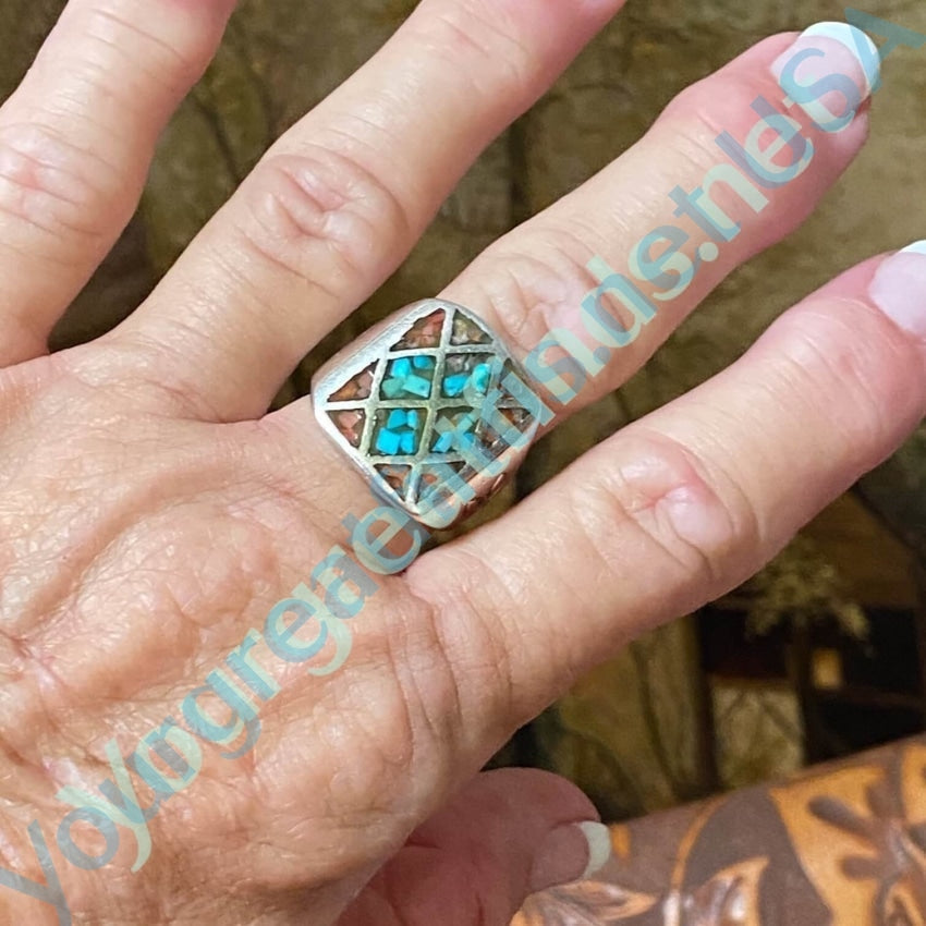 Time Worn Southwest 925 Silver Ring Turquoise Chip Mosaic 9.5 Yourgreatfinds