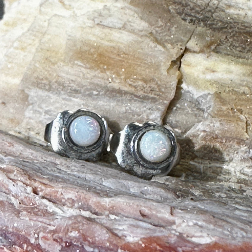 Tiniest Sterling Silver &amp; White Opal Pierced Stud Earrings