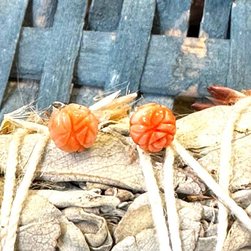 Tiny Sterling Silver Carved Coral Rose Stud Pierced Earrings