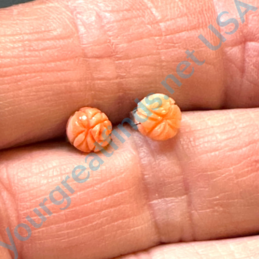 Tiny Sterling Silver Carved Coral Rose Stud Pierced Earrings