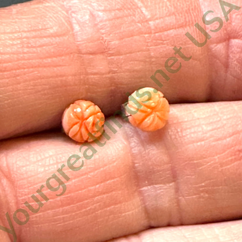 Tiny Sterling Silver Carved Coral Rose Stud Pierced Earrings