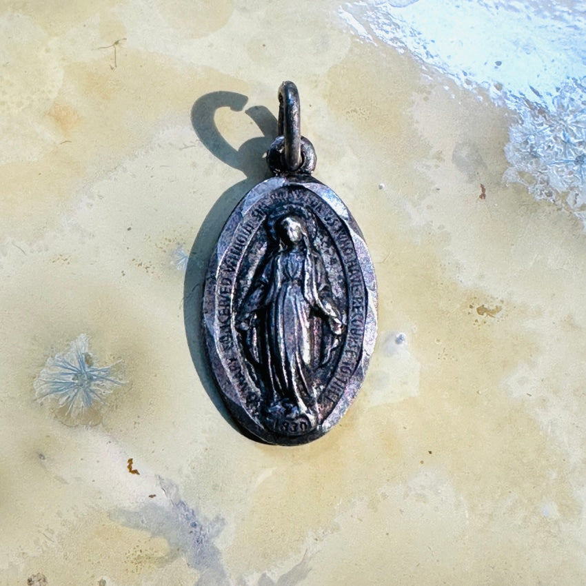 Tiny Sterling Silver Miraculous Mary Devotional Pendant