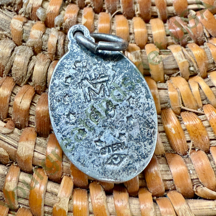 Tiny Time Worn Sterling Silver Miraculous Mary Pendant pendant