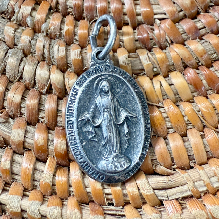 Tiny Time Worn Sterling Silver Miraculous Mary Pendant pendant