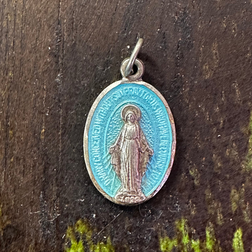 Tiny Vintage Sterling Silver Blue Guilloche Enamel Sacred Mother Pendant Pendant