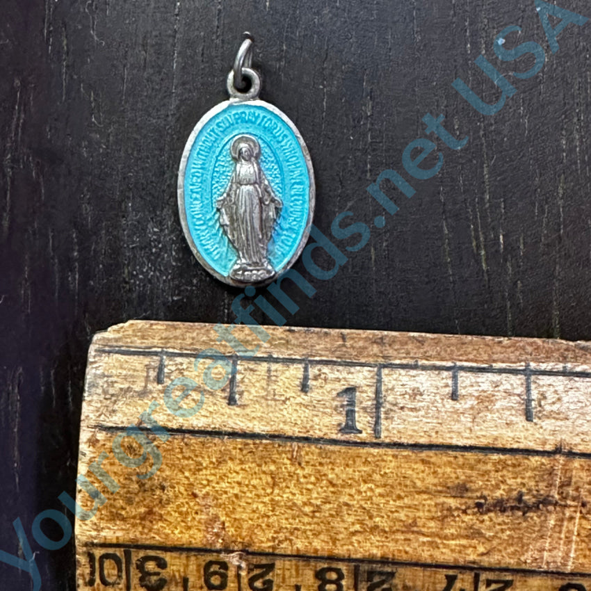 Tiny Vintage Sterling Silver Blue Guilloche Enamel Sacred Mother Pendant Pendant