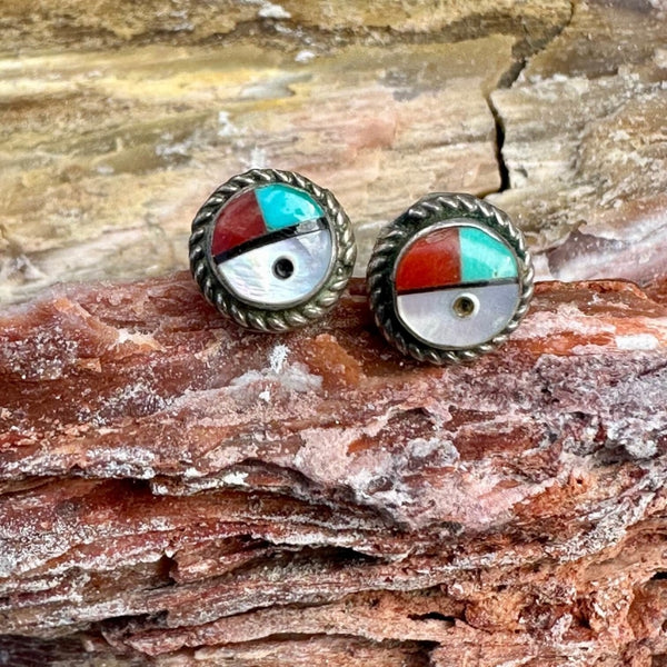 Vintage Zuni Sun Face Turquoise Jet & Mother of Pearl Inlay Sterling Silver top Post Earrings