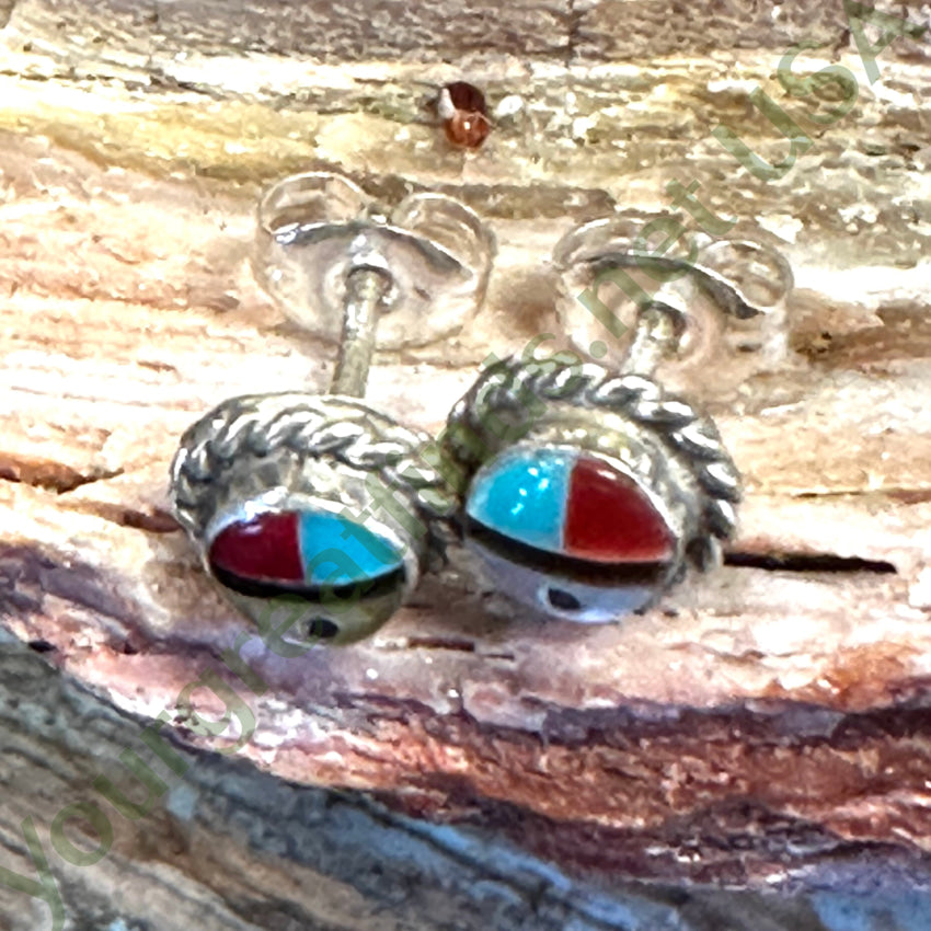 Tiny Zuni Sun God Pierced Stud Earrings Sterling Silver Vintage