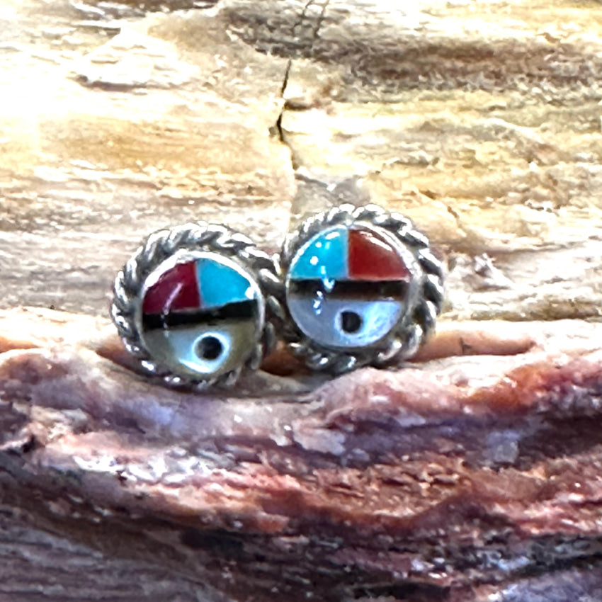 Tiny Zuni Sun God Pierced Stud Earrings Sterling Silver Vintage