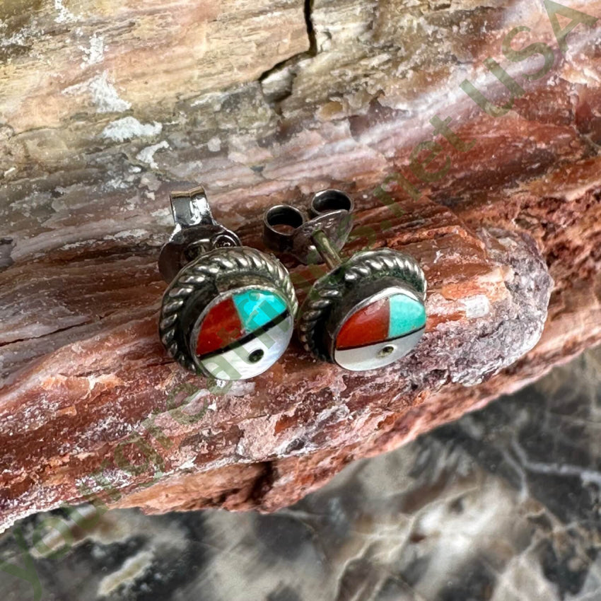 Tiny Zuni Sun God Pierced Stud Earrings Sterling Silver Vintage