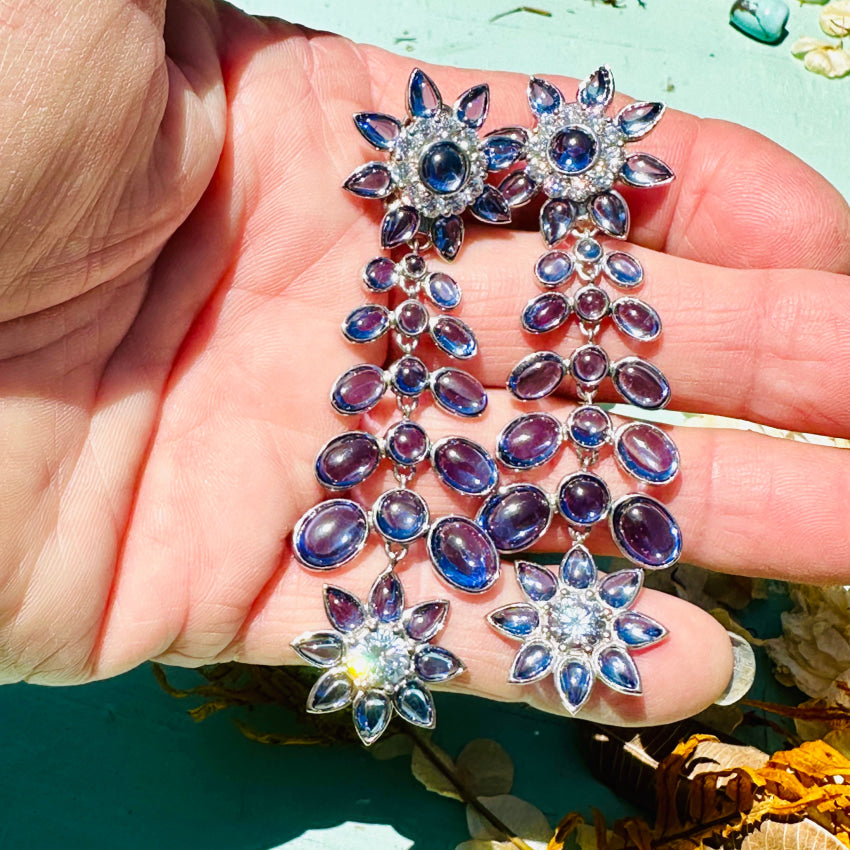 Sterling Silver Cz & Blue Glass Shoulder Duster Pierced Or Clip On Earrings Earrings