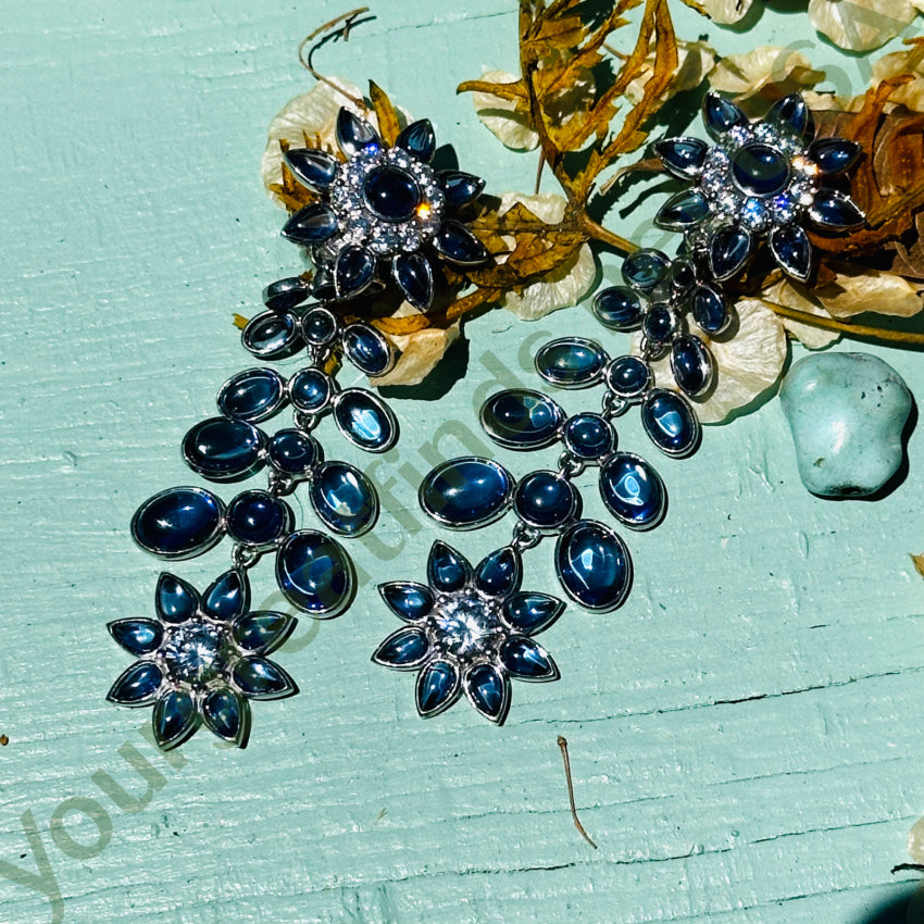 Sterling Silver Cz & Blue Glass Shoulder Duster Pierced Or Clip On Earrings Earrings